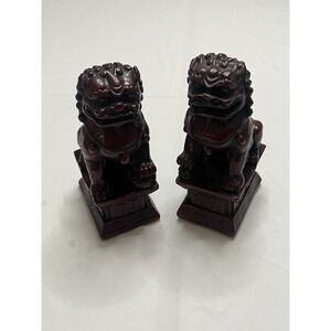 Chinese Foo Dog Female Pup Under Foot Dark Red Resin Temple Guard Feng Shui (2)